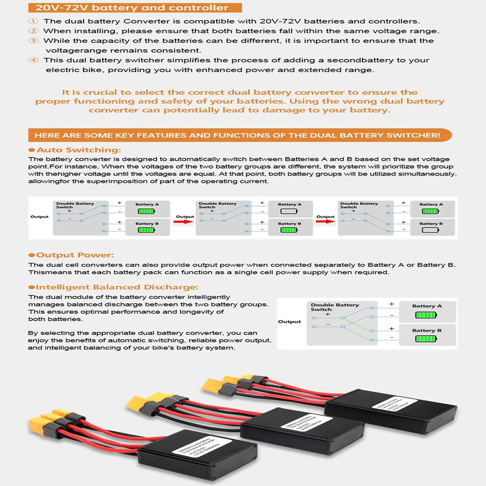 Dual Battery Discharge Converter for Ebike 20A-120A Dual Battery Pack 20V-100V
