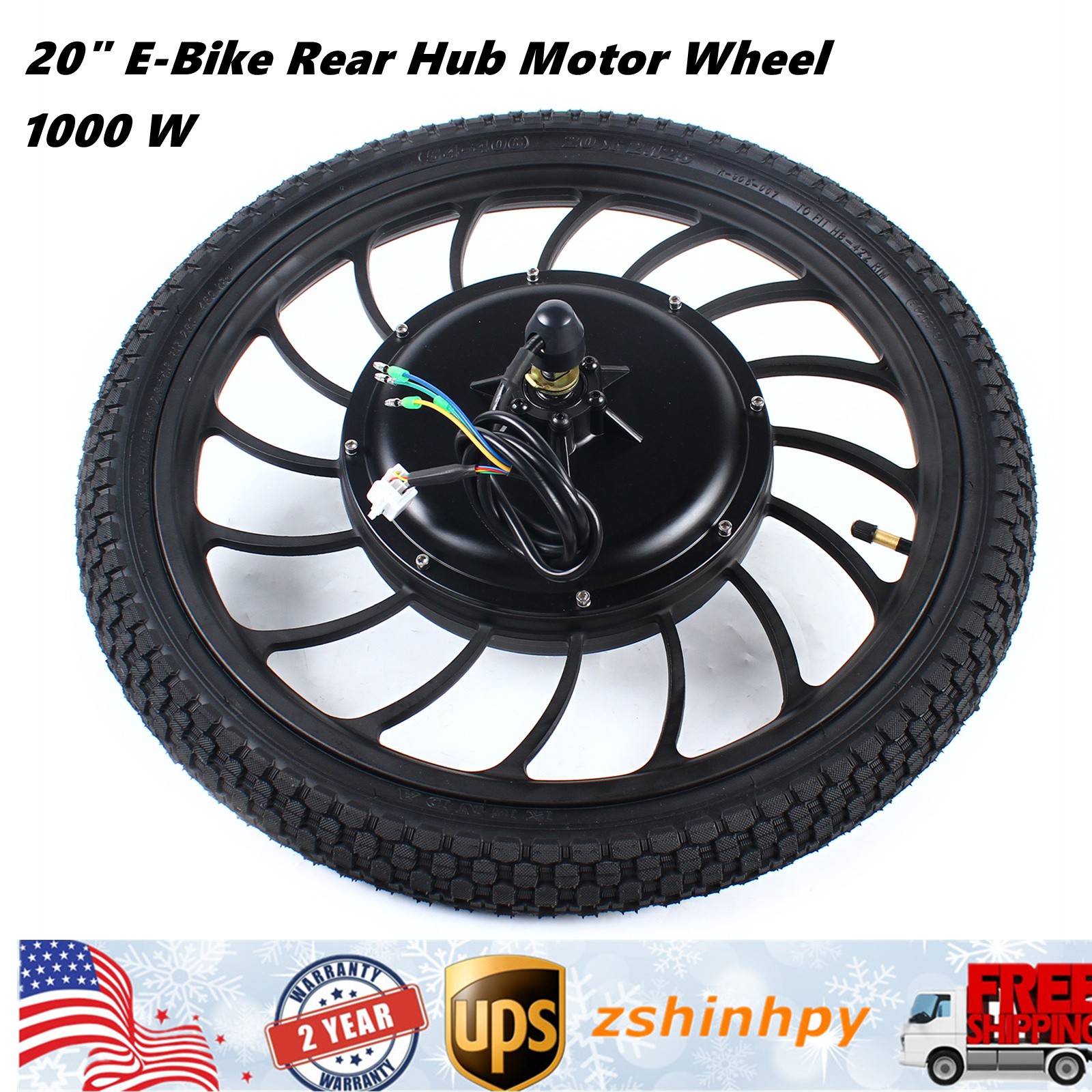1000W 48V 20″ Rear Wheel Brushless Gearless Hub Motor For Ebike 0-40km/h