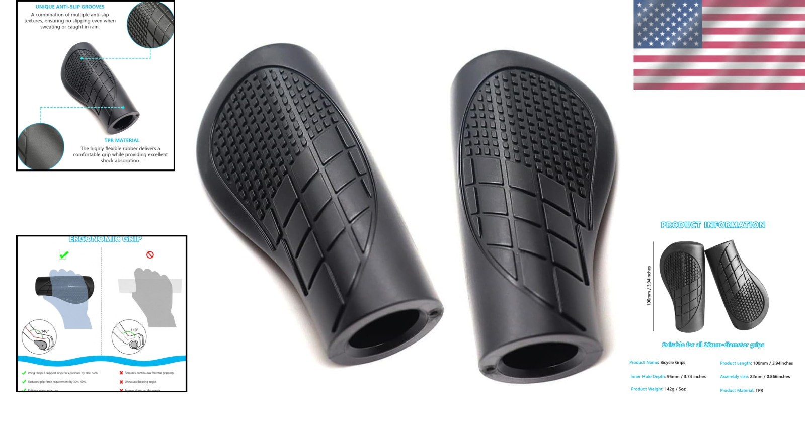 Snmzlc Ergonomic Bike Handlebar Grips,Length 100mm/3.94″,for 100mm, black