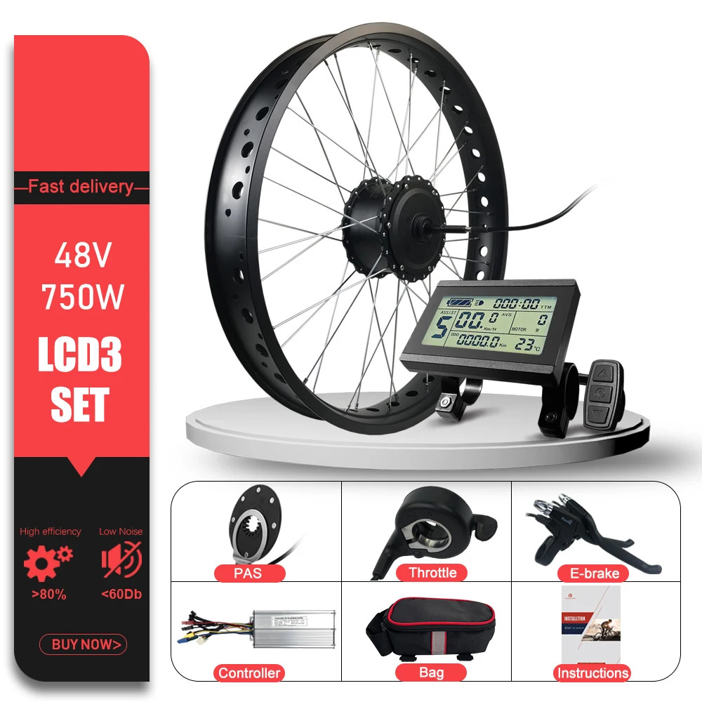 Snow E-bike 48V 750W Fat Tire Brushless Gear Rear Hub Motor Wheel 20/24/26in