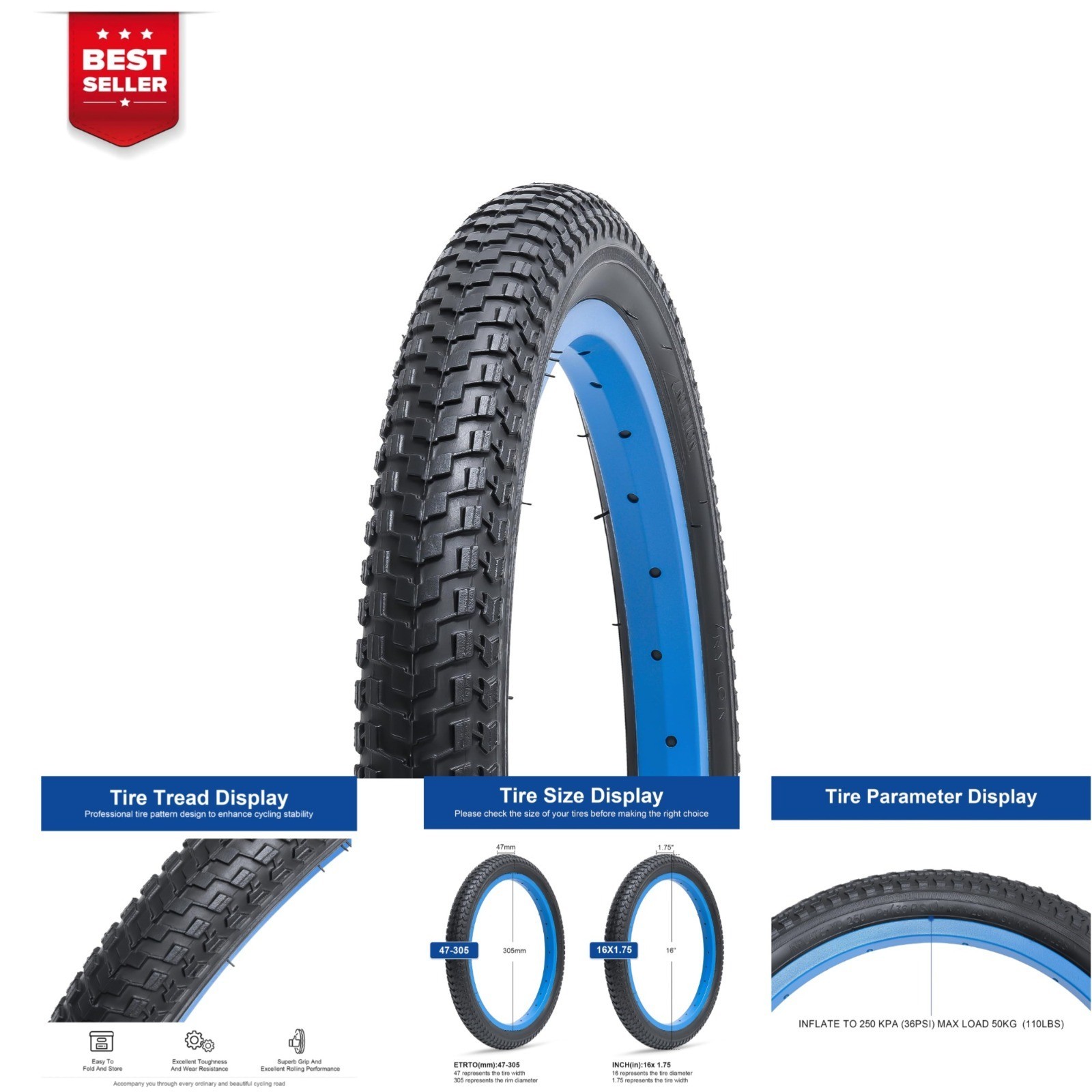 16″x1.75″ Mountain Bike Tire – Durable Folding Replacement Tire