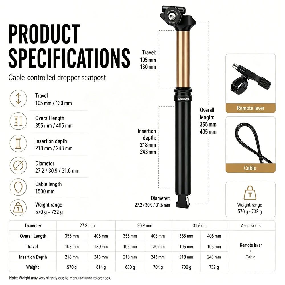 Bicycle Dropper Seatpost Internal Routing MTB Remote Control Hydraulic Lifting