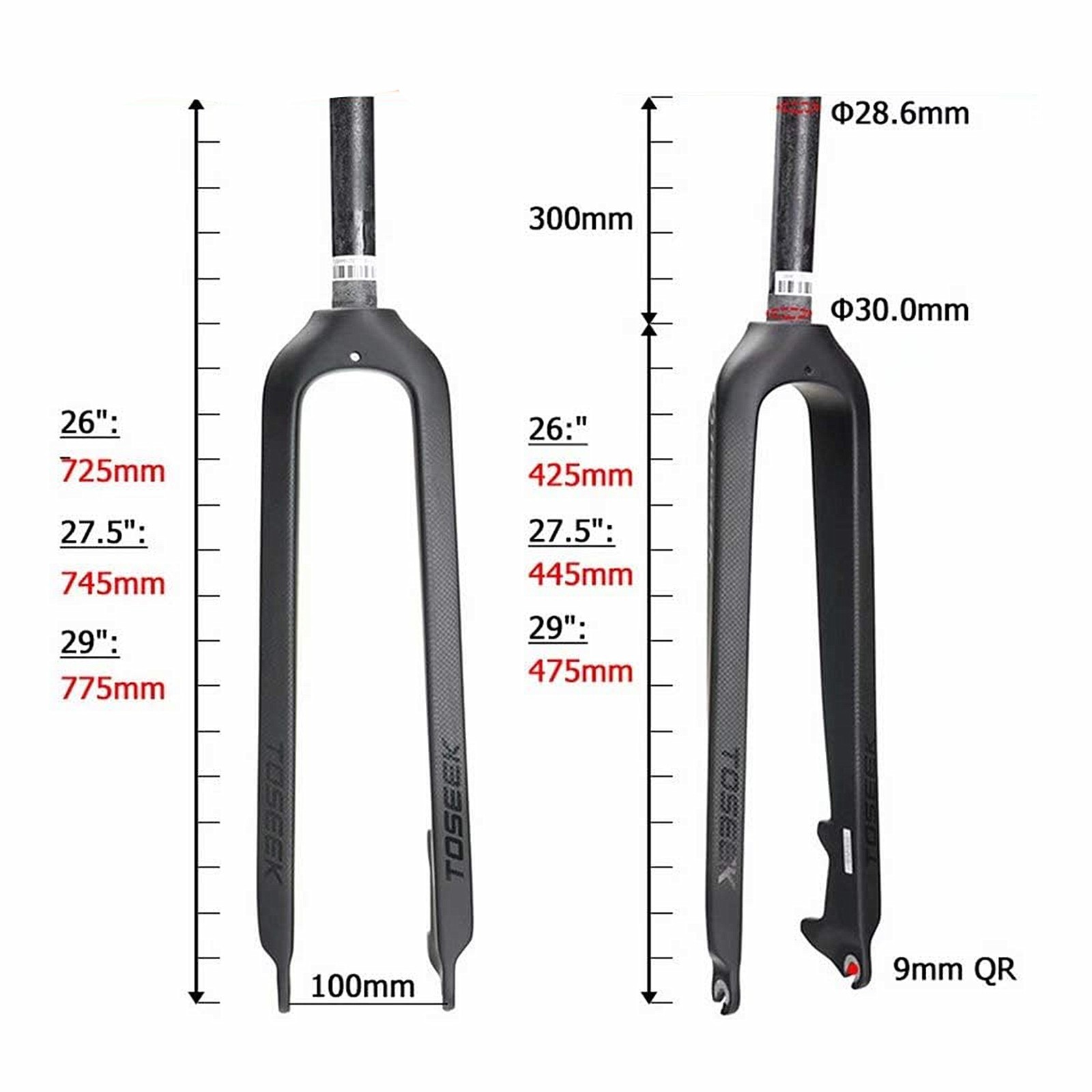 TOSEEK 1-1/8″ 26″/27.5″/29″ Full Carbon MTB Rigid Fork Disc Brake Straight Tube