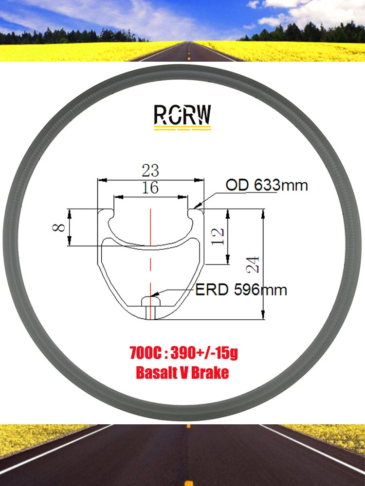 700C 24*23mm Road Bicycle Carbon Rim Basalt V Brake Clincher UD 3K 16-36 Holes