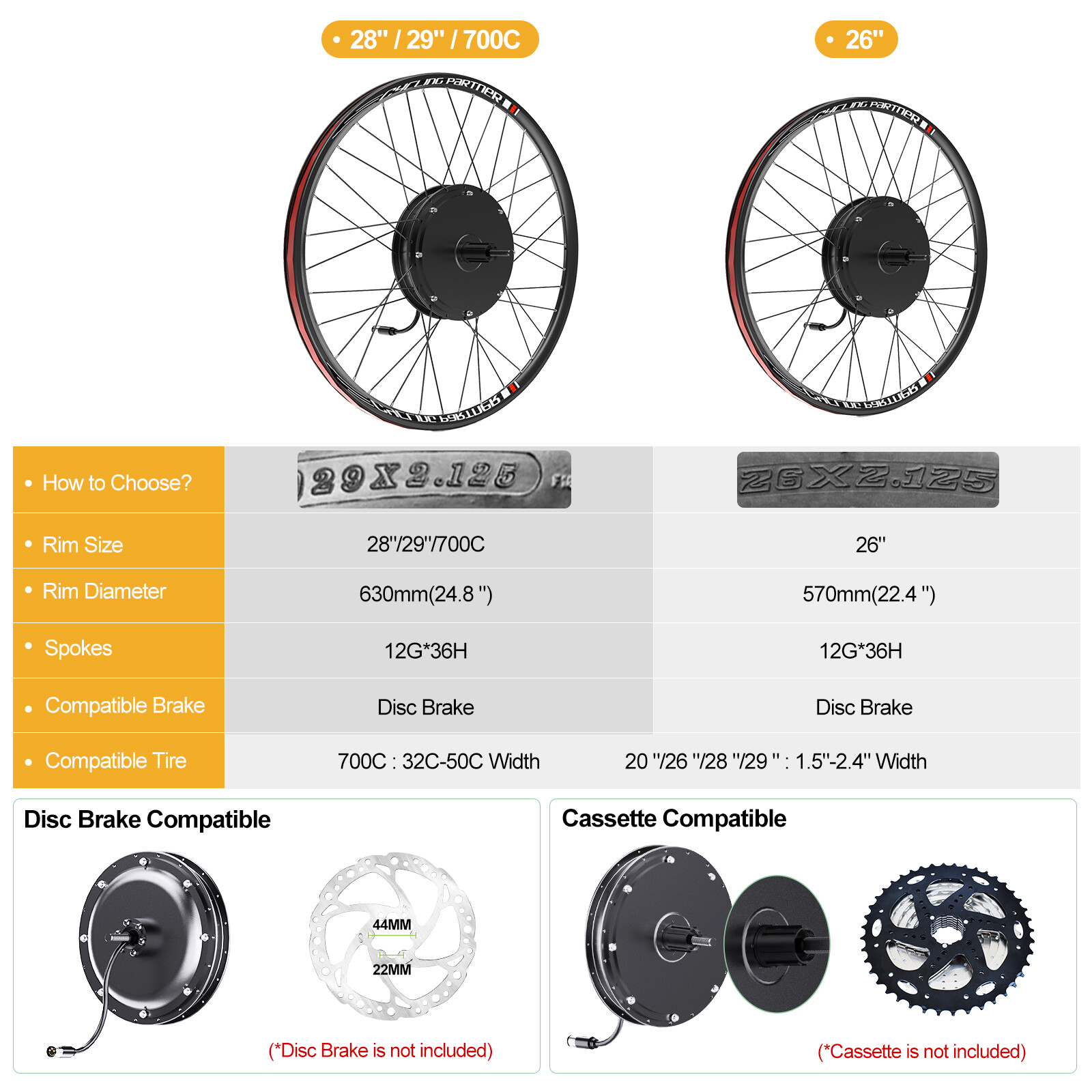 48V1000W Electric Bicycle 26″ 700C Rear Hub Wheel Cassette Disc Brake Type