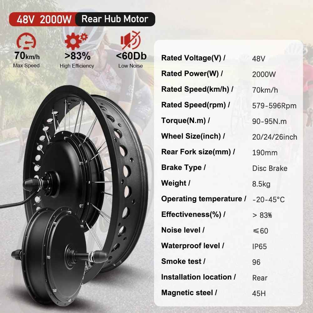 48V 2000W Snow E-bike Fat 20 24 26inch Brushless Non-gear Rear Hub Motor Wheel