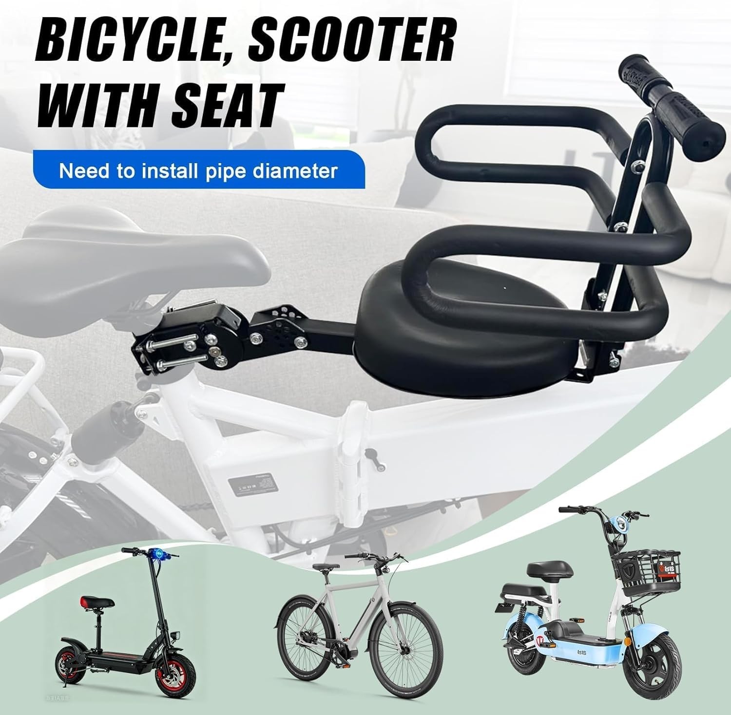 Tandem Bike Seat for Adult Bike & Electric Scooter Adjustable 35mm-65mm Inner