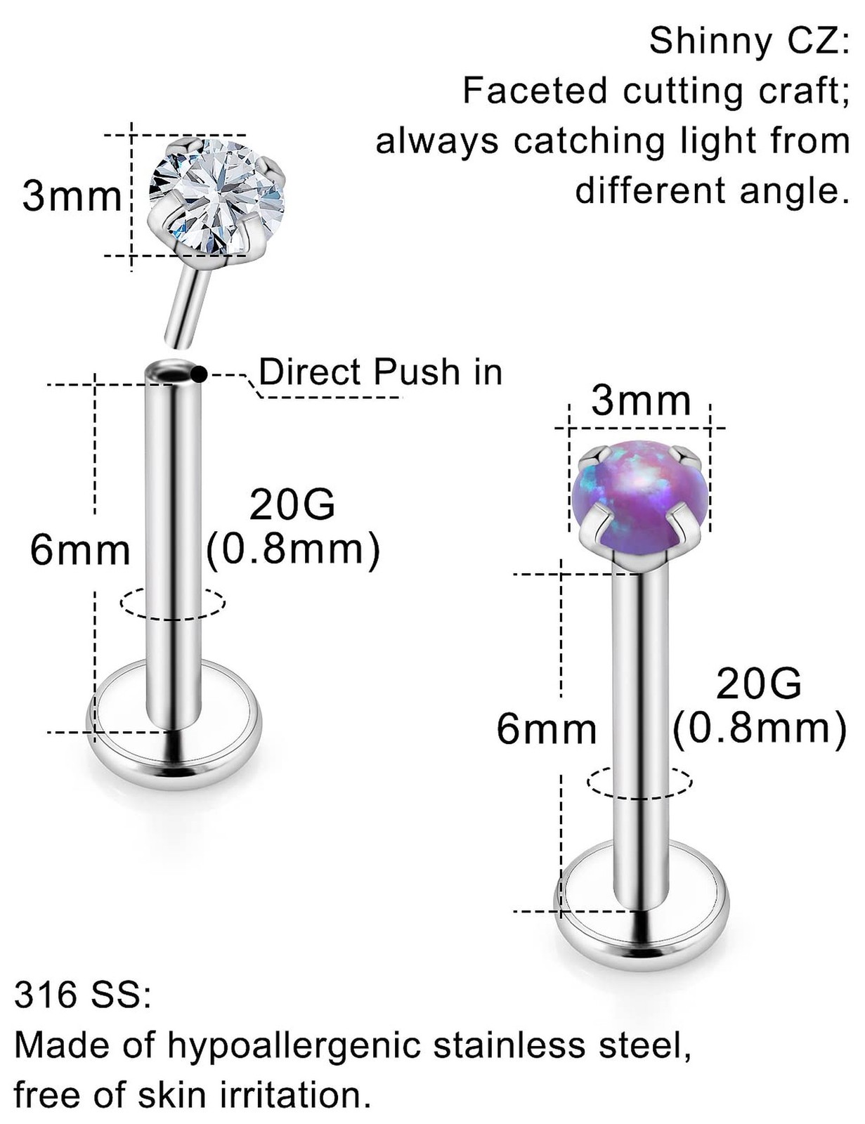 16G 18G 20G Push in Threadless Nose Stud Surgical Steel Medusa Piercing Jewel…