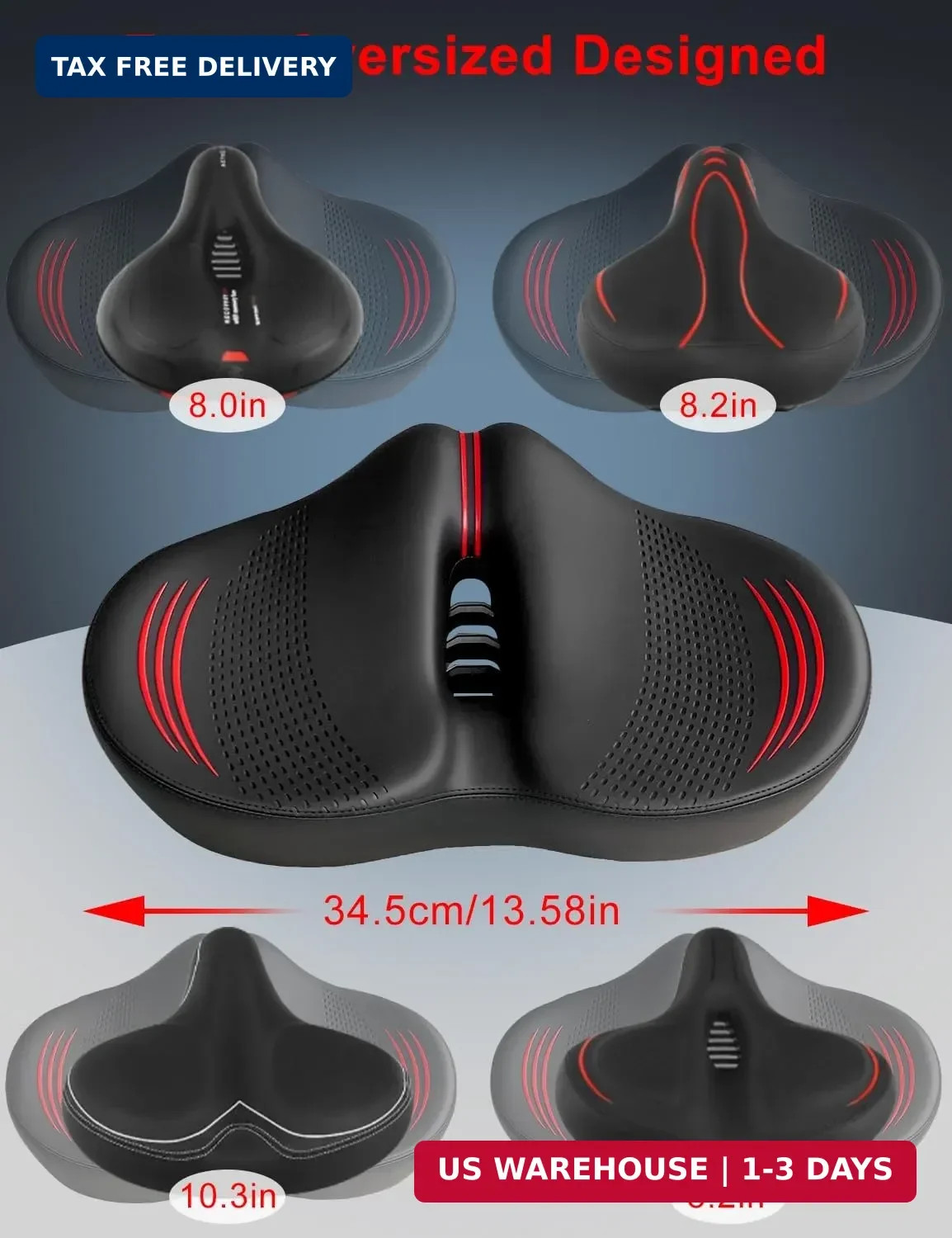 Noseless Oversized Bike Seat Replacement, NEW Comfortable Extra Wide 13.6″ Padde