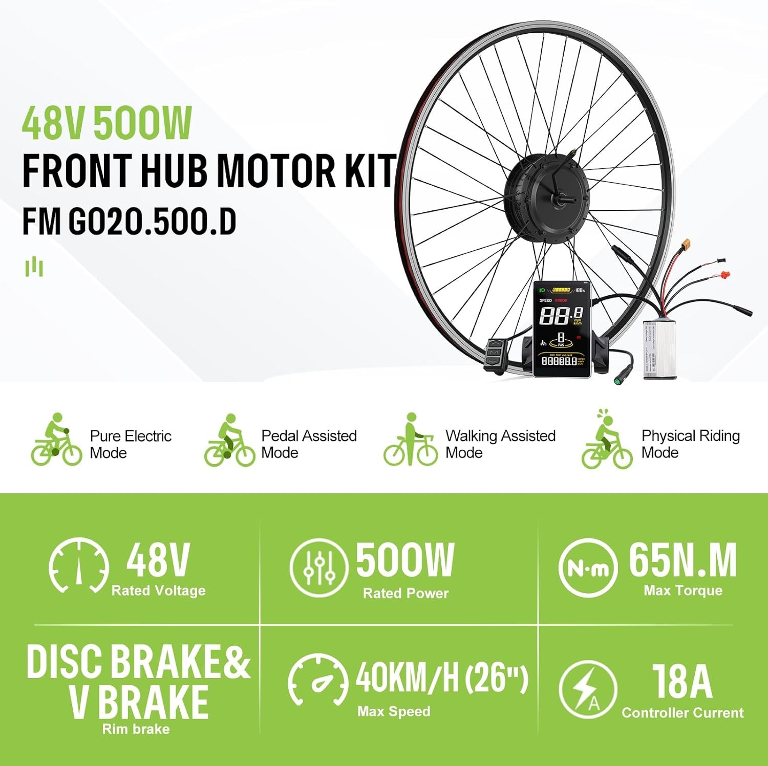 BAFANG 500W Electric Bike Conversion Kit 48V 26″ Front Wheel E-Bike Hub Motor