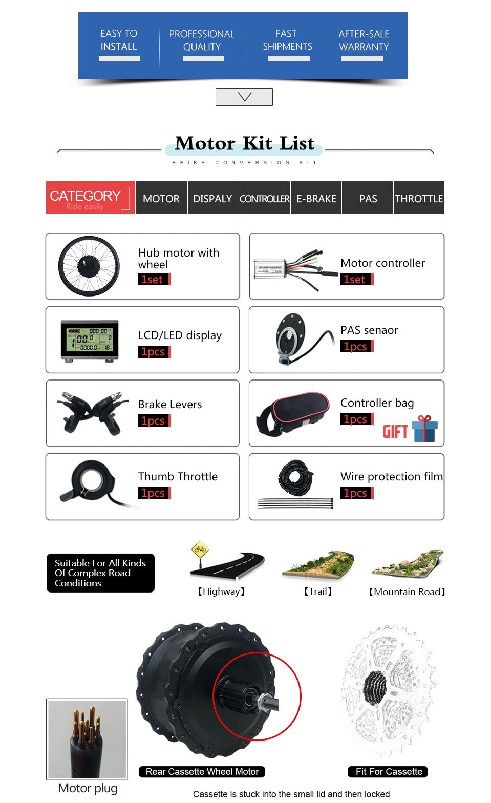 EBike Conversion Kit 36V48V 500W Rear Cassette Hub Motor Wheel 20 26”×4.0 Wheel