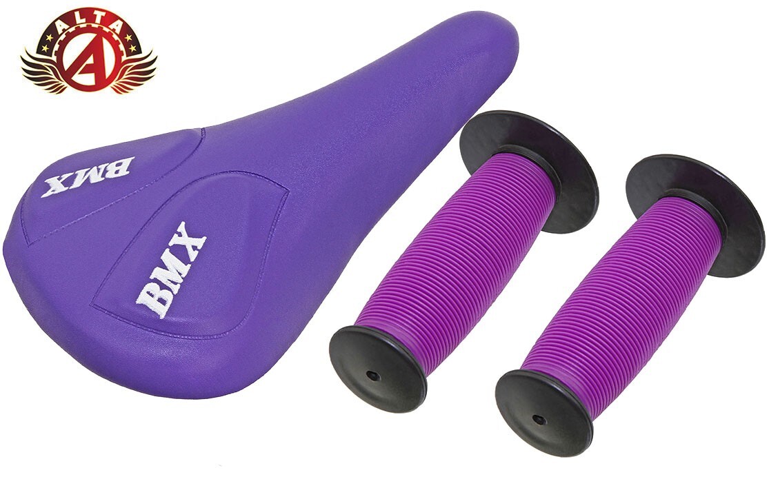 ALTA Purple BMX Vinyl Saddle & Purple/Black Mushroom Grips BMX BIKES.