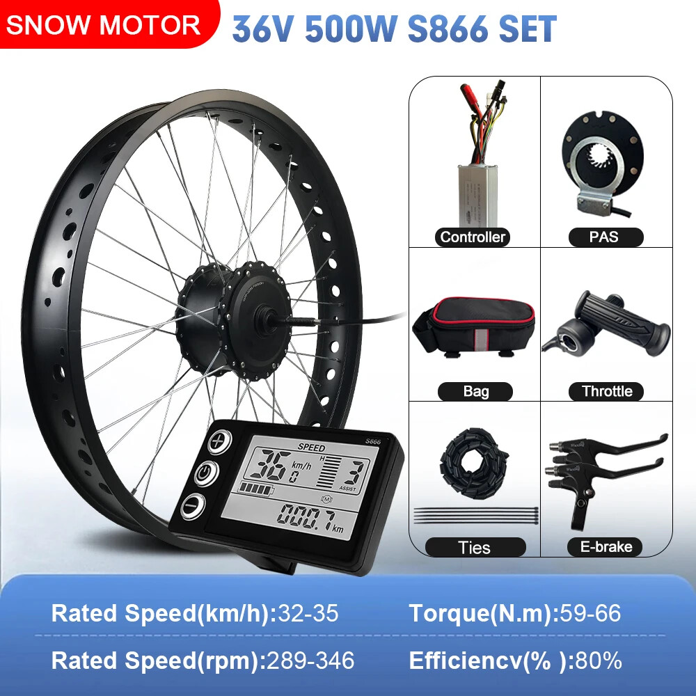 Snow E-bike Conversion Kit 36V 48V 500W Rear Rotate Hub Motor Wheel 20/24/26inch