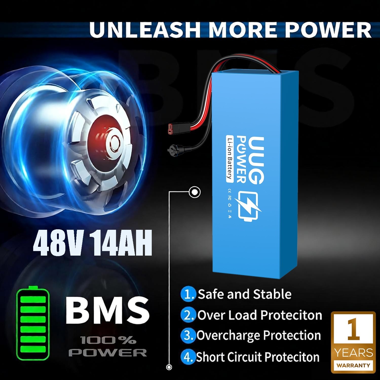 UUG 48V 14Ah Ebike Lithium Battery Pack for Electric Bicycle Battery 30A BMS US