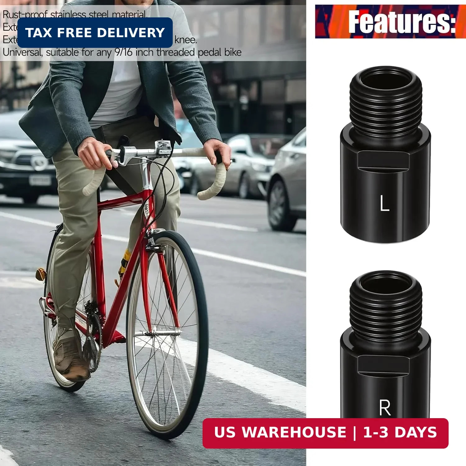 Bike Pedal Extenders, Black Steel Bicycle Pedal Adapter Extended Fit 9/16 inch S