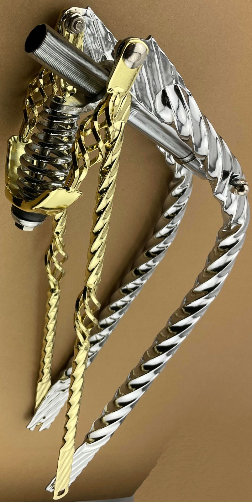 NEW VINTAGE LOWRIDER 26″ DROP-DOWN CHROME BIRD CAGE SPRING FORK WITH GOLD PARTS.