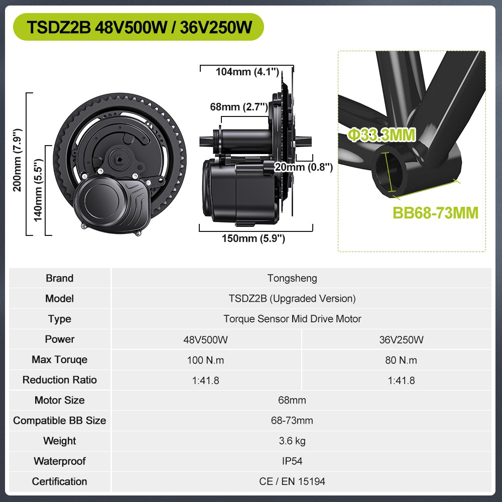 48V500W Tongsheng Mid Drive Motor Kit TSDZ2B Torque Sensor Electric Bicycle Kits