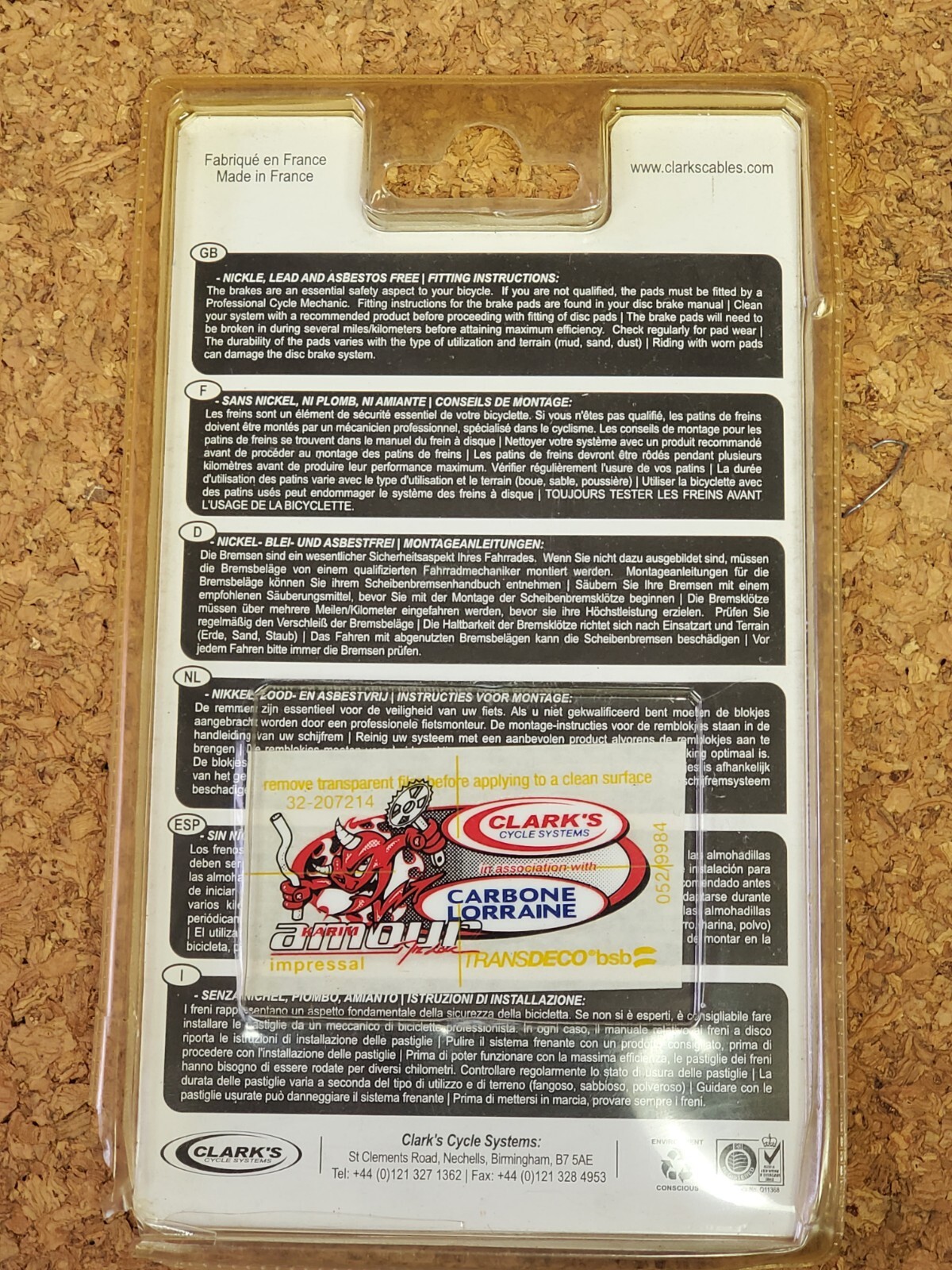 Clark’s Carbone Lorraine Disc Brake Bike Pads MTB VX816 For Gaint MPH 2001/2002
