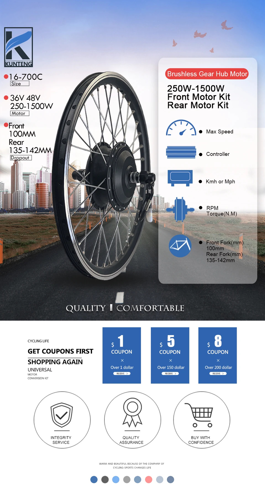 250W 350W 500W 1000W 1500W 2000W MTB Ebike Front Rear Wheel Motor Conversion Kit