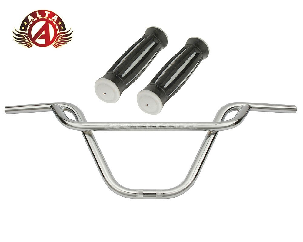 ALTA BMX Old School PRETZEL Chrome Handlebar W/ BLACK/GRAY BMX Style GRIPS.