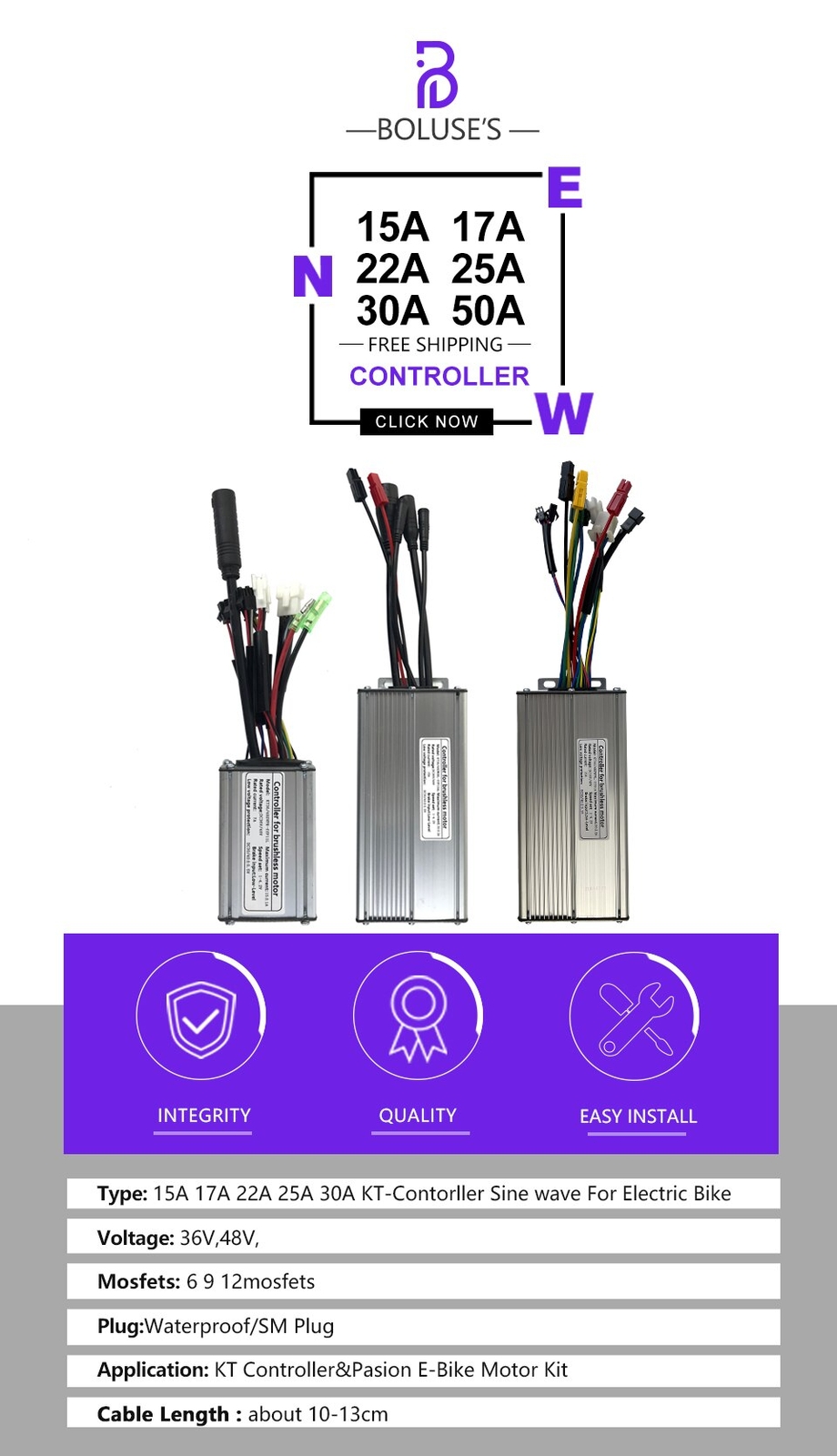 Sinewave Controller 15A-50A E-bike Controller for 250W-3000W SM/Waterproof Plug