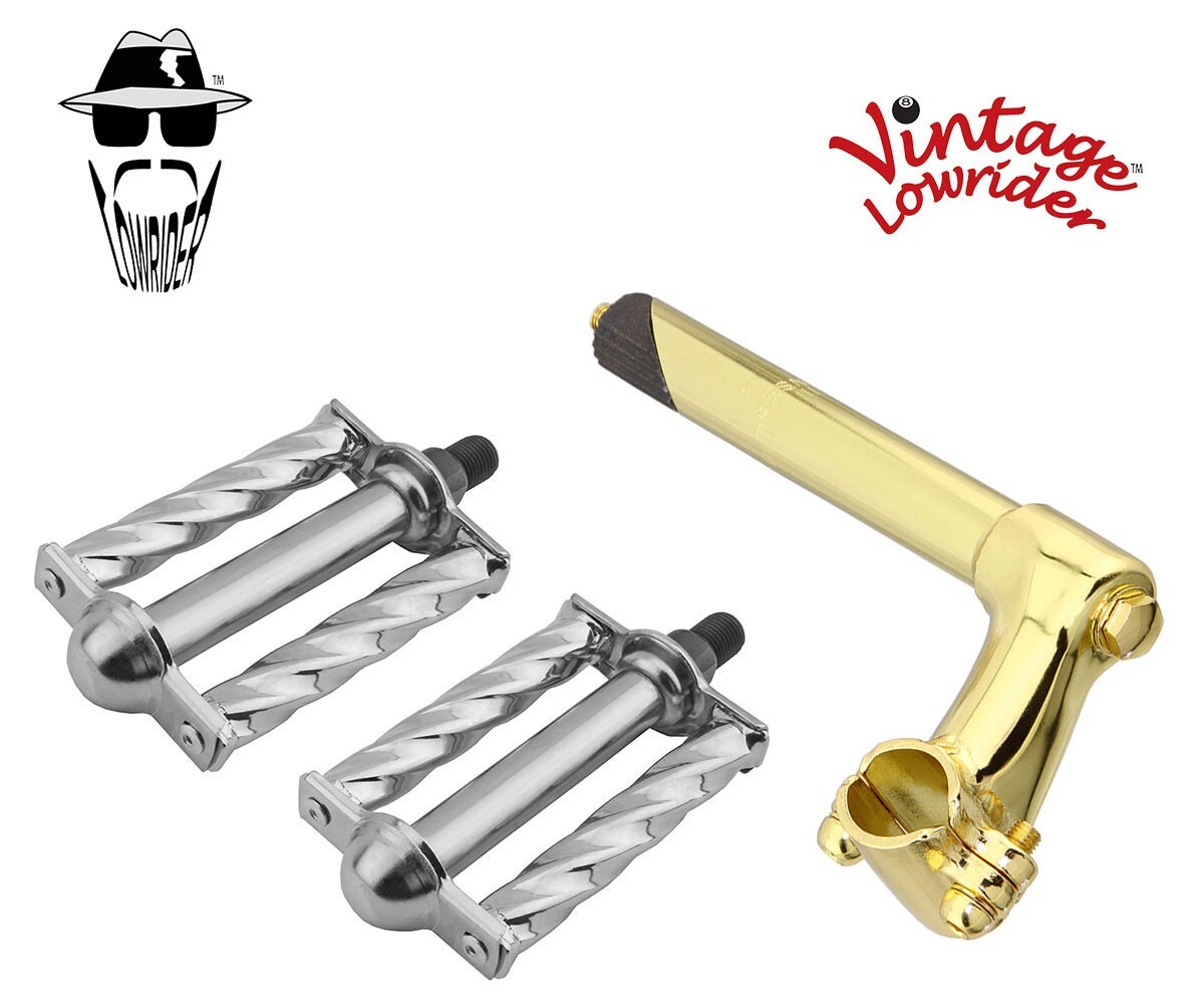 Vtg Lowrider Stem 2-Screw 22.2 Gold & Pedals Square Twisted 1/2″ Chrome