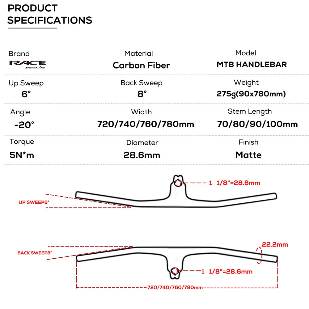 Carbon Flat T-Bar MTB Integrated Cockpit -20 Degree External Cable 720-780mm