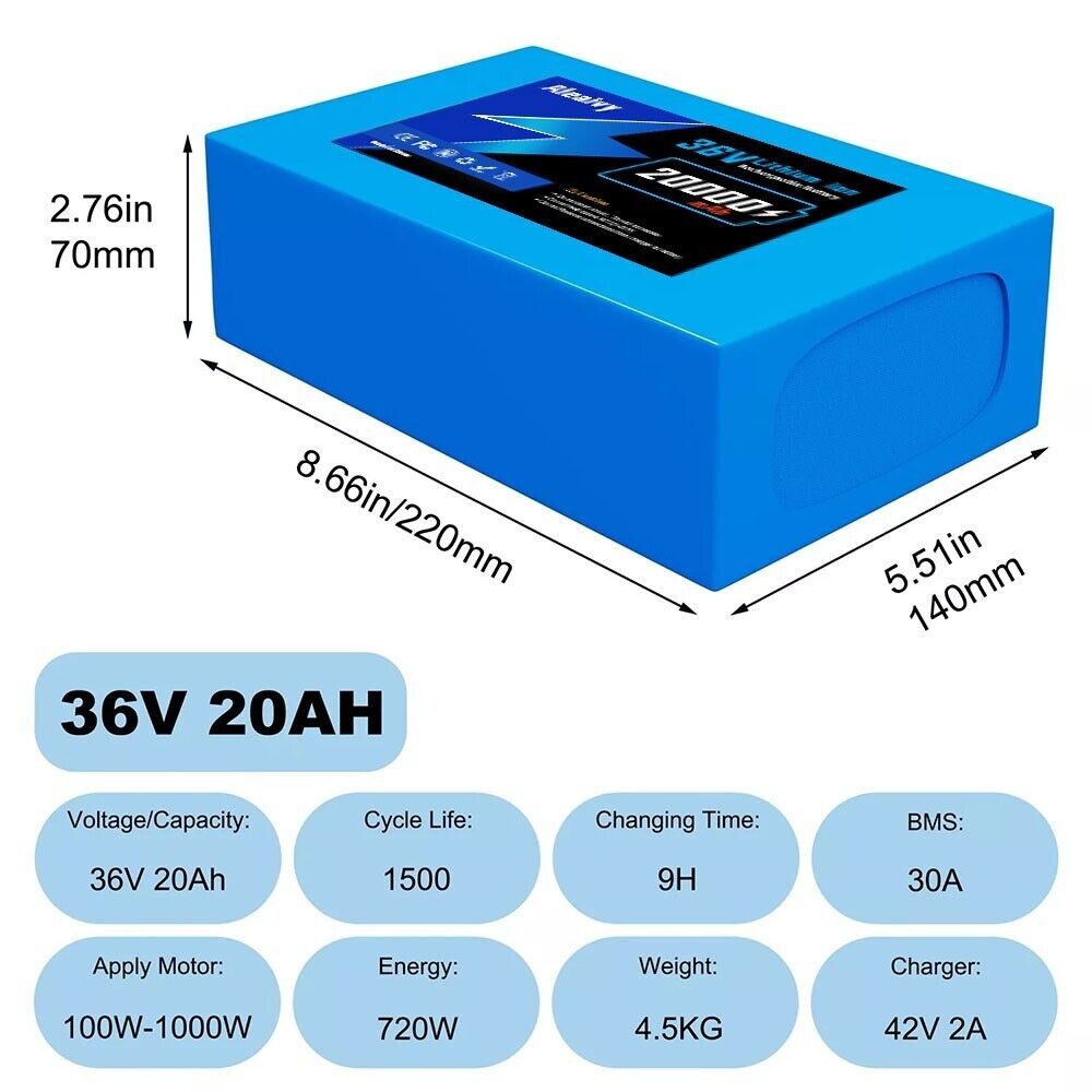 Aleaviy 36V 20Ah Electric Battery Lithium Battery Pack 20000mAh Li ion + Charge
