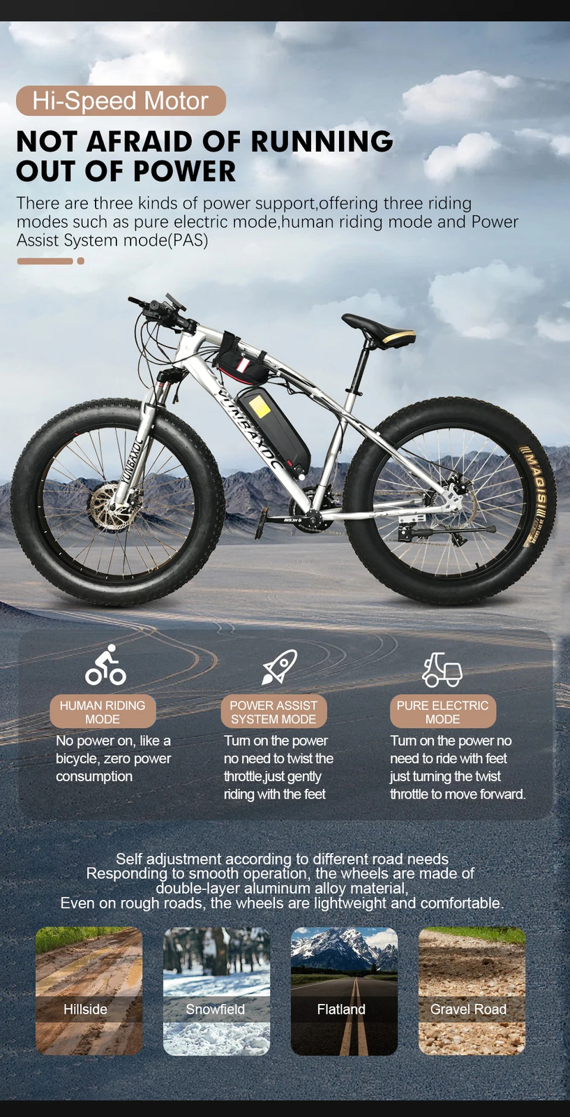 20 24 26inch 4.0 Tyre Snow E-Bike Kit 36 48V 500W Rear Cassette Hub Motor Wheel