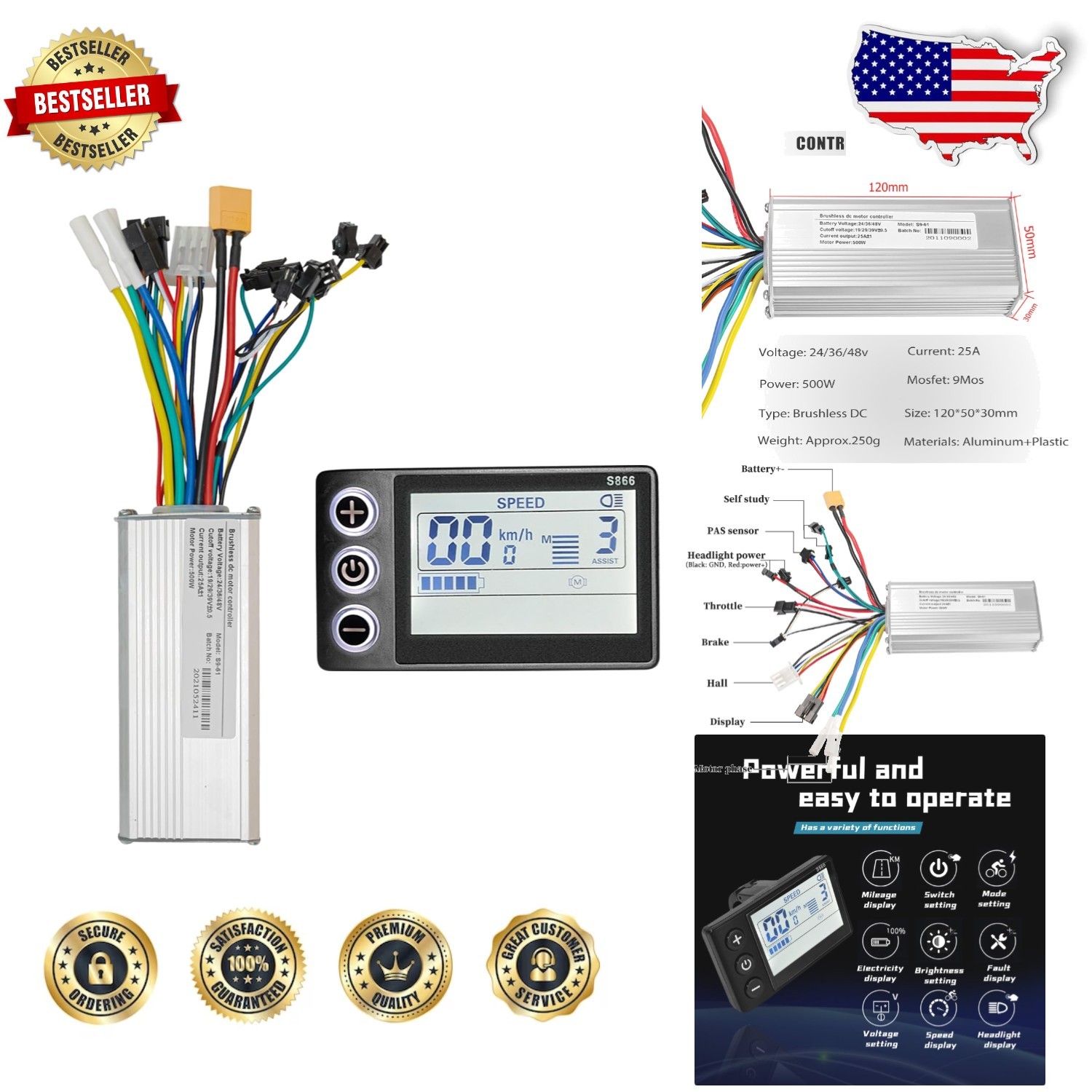 Ebike Controller 500W 25A Brushless Motor LCD Display 36V 48V Speed Control