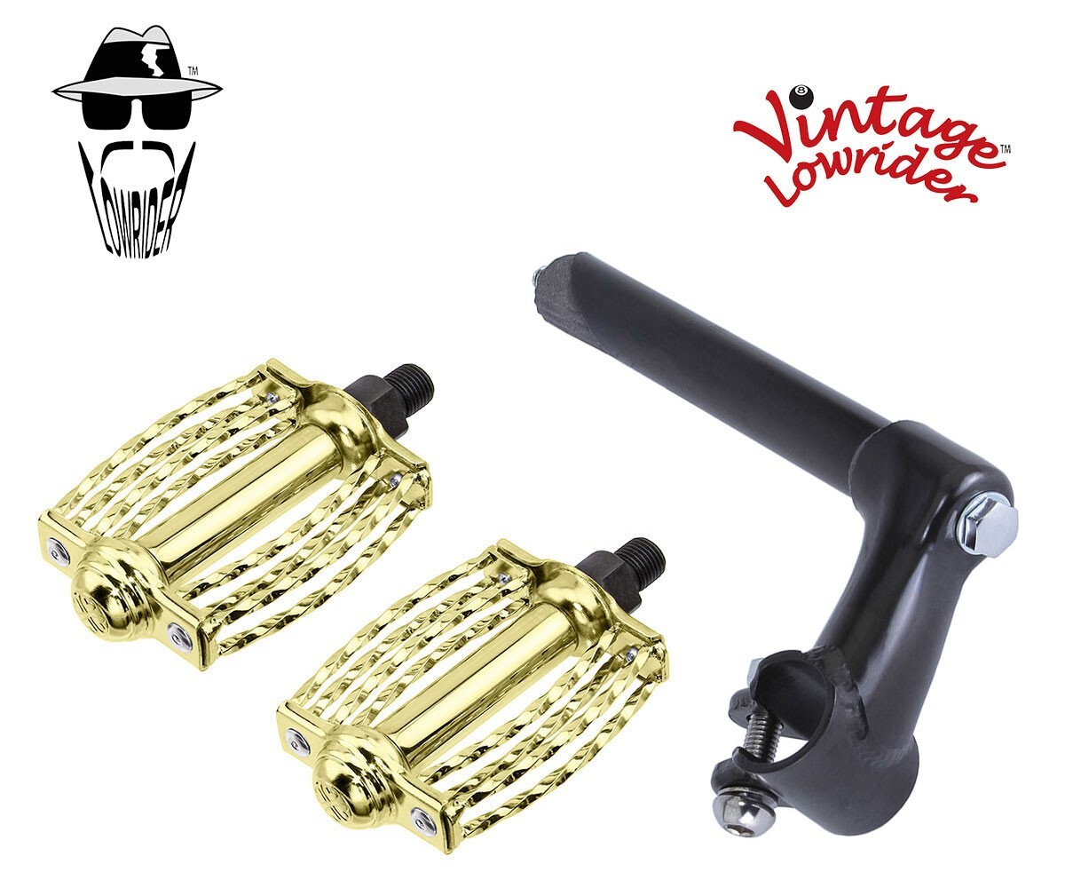 Vtg Stem Classic 22.2 Black & Pedals Round Triple Square Twisted 1/2″ Gold