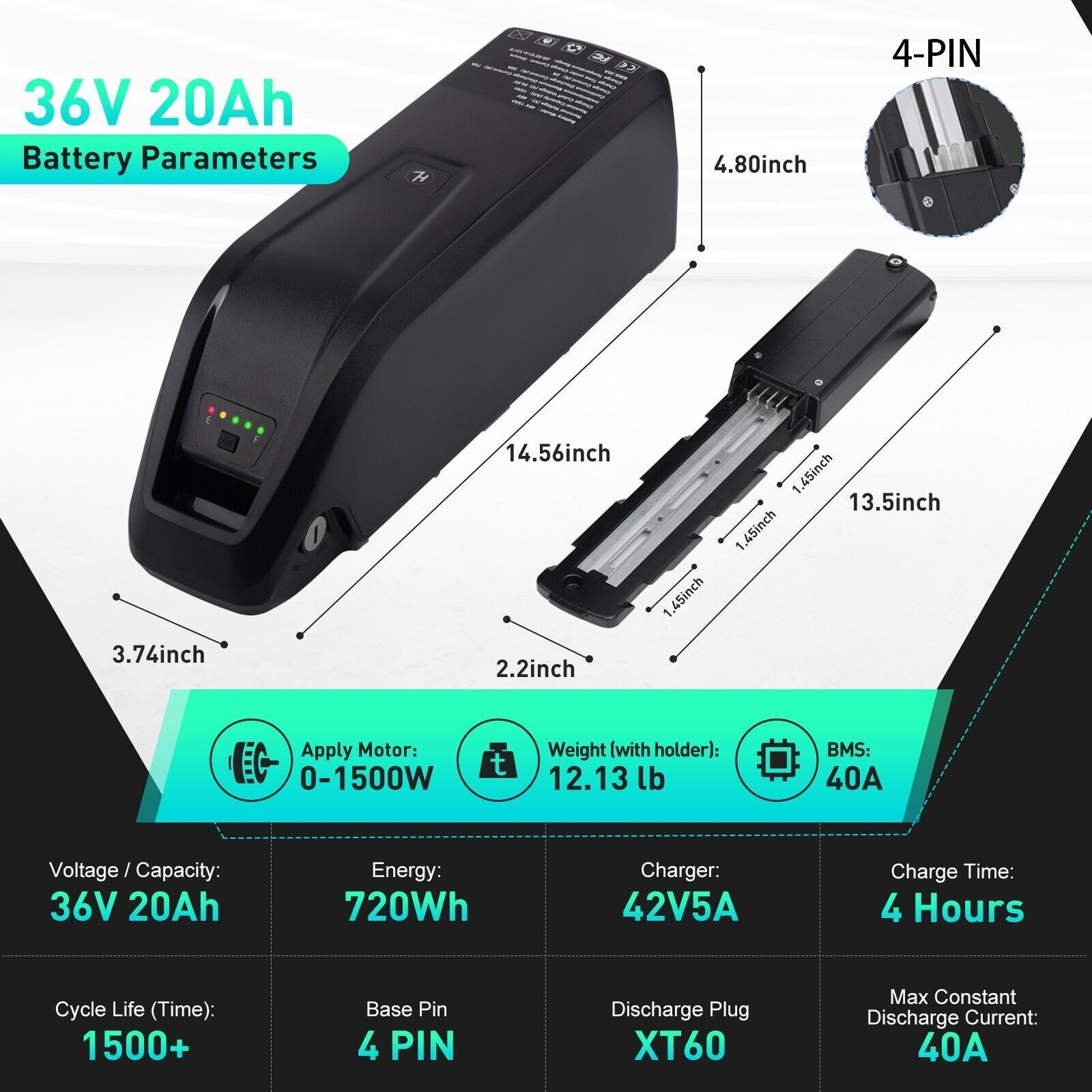 36V Hailong Ebike Battery, 4-Pin 20Ah Electric Bike Bicycle Lithium Battery 40A