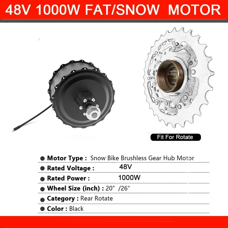 48V 1000W 20 24 26er Snow Electric Bike Fat Tire Brushless Gear Rear Hub Motor