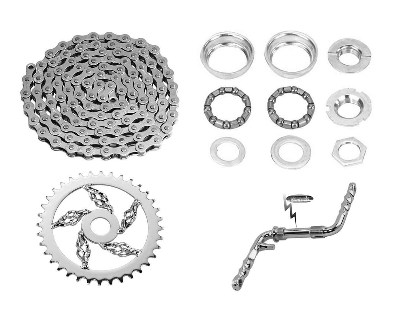 4″ LONG CAGETWISTED CRANKSET PACKAGE W/TWISTED STYLE CHAINRING, CHAIN AND B.B