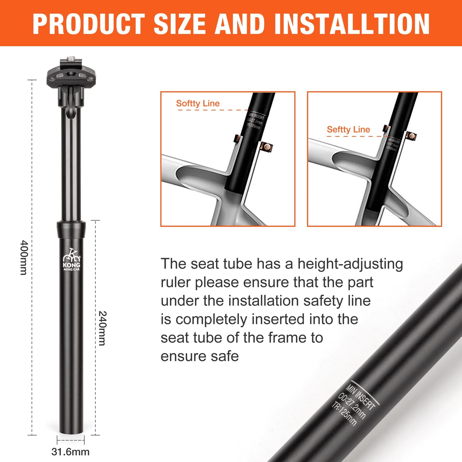 Dropper Post 27.2/30.4/30.9/31.6mm x 400mm Length 125mm Travel 27.2, Black
