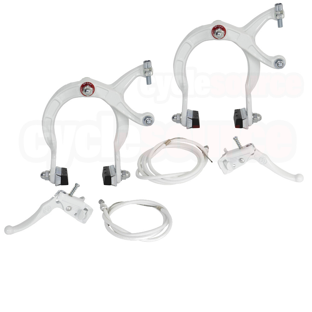 PRO+ WHITE OLD SCHOOL BMX BIKE MX COMPLETE BRAKE SET (CALIPER,CABLE& LEVER) BIKE