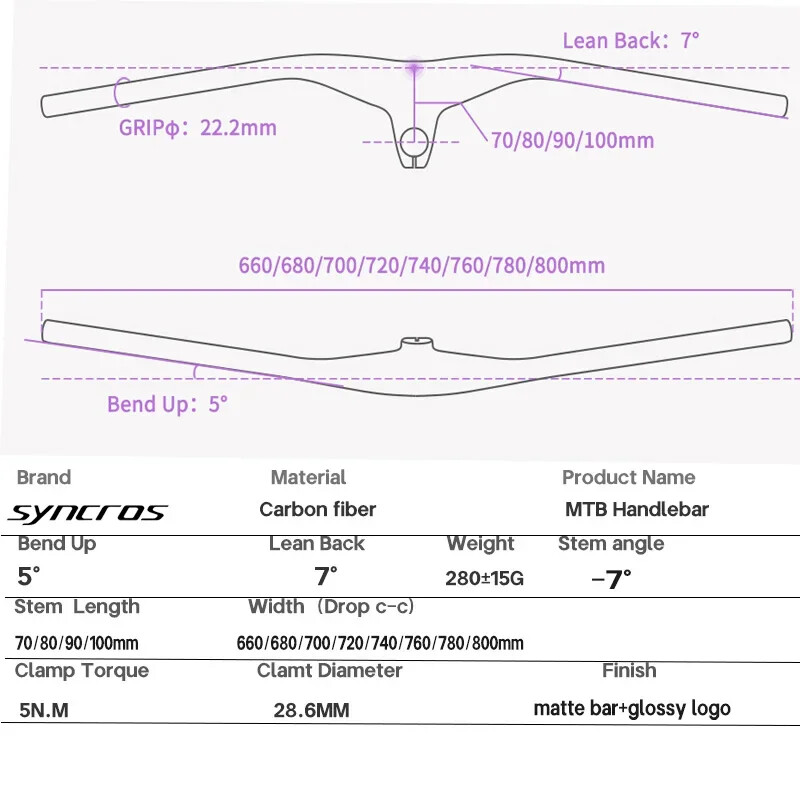 28.6mm -7Degree Mountain Bike Carbon Integrated Handlebar 660-800×70/80/90/100mm