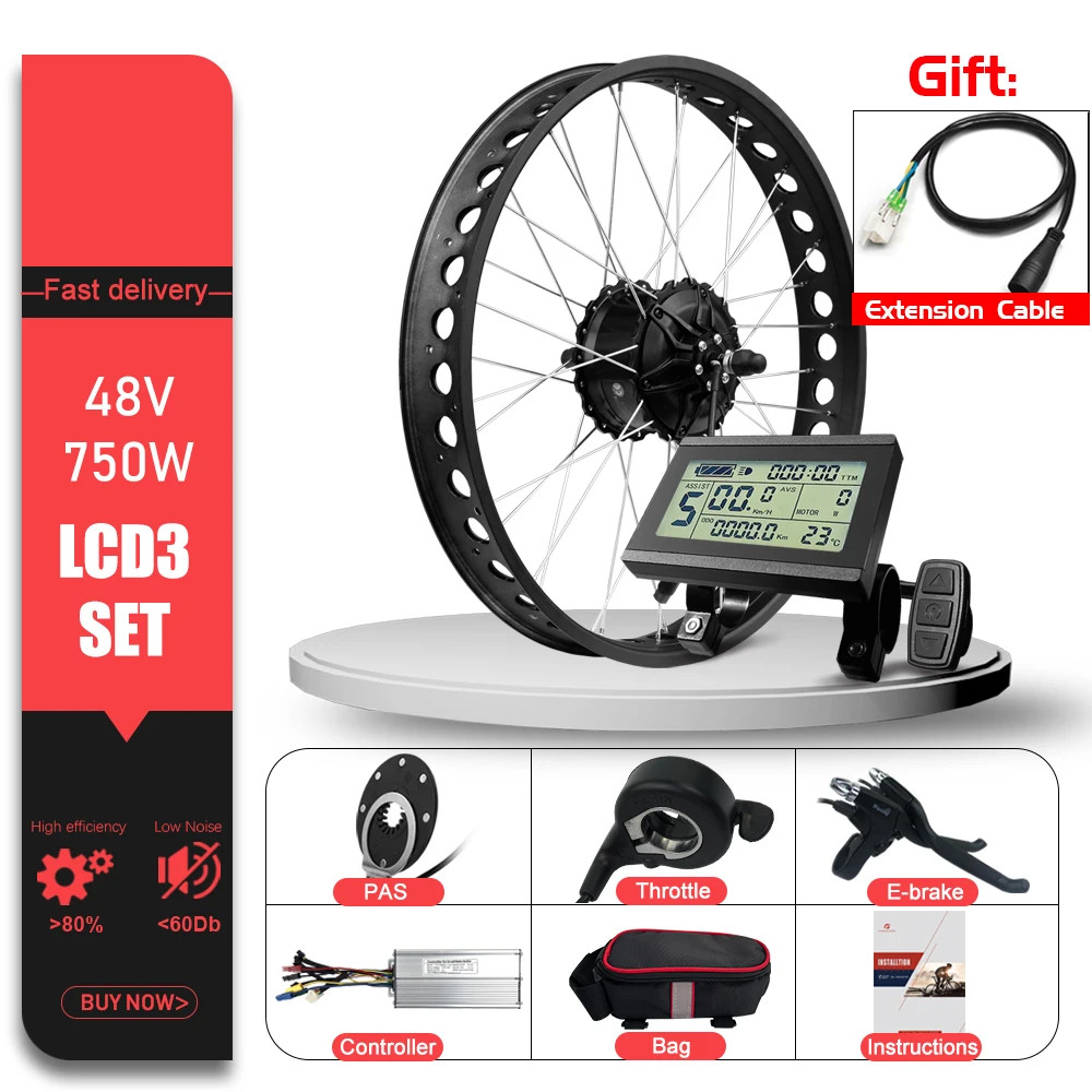 Snow Electric Bike 48V 750W 20/24/26in Fat Tire Brushless Rear Wheel Hub Motor