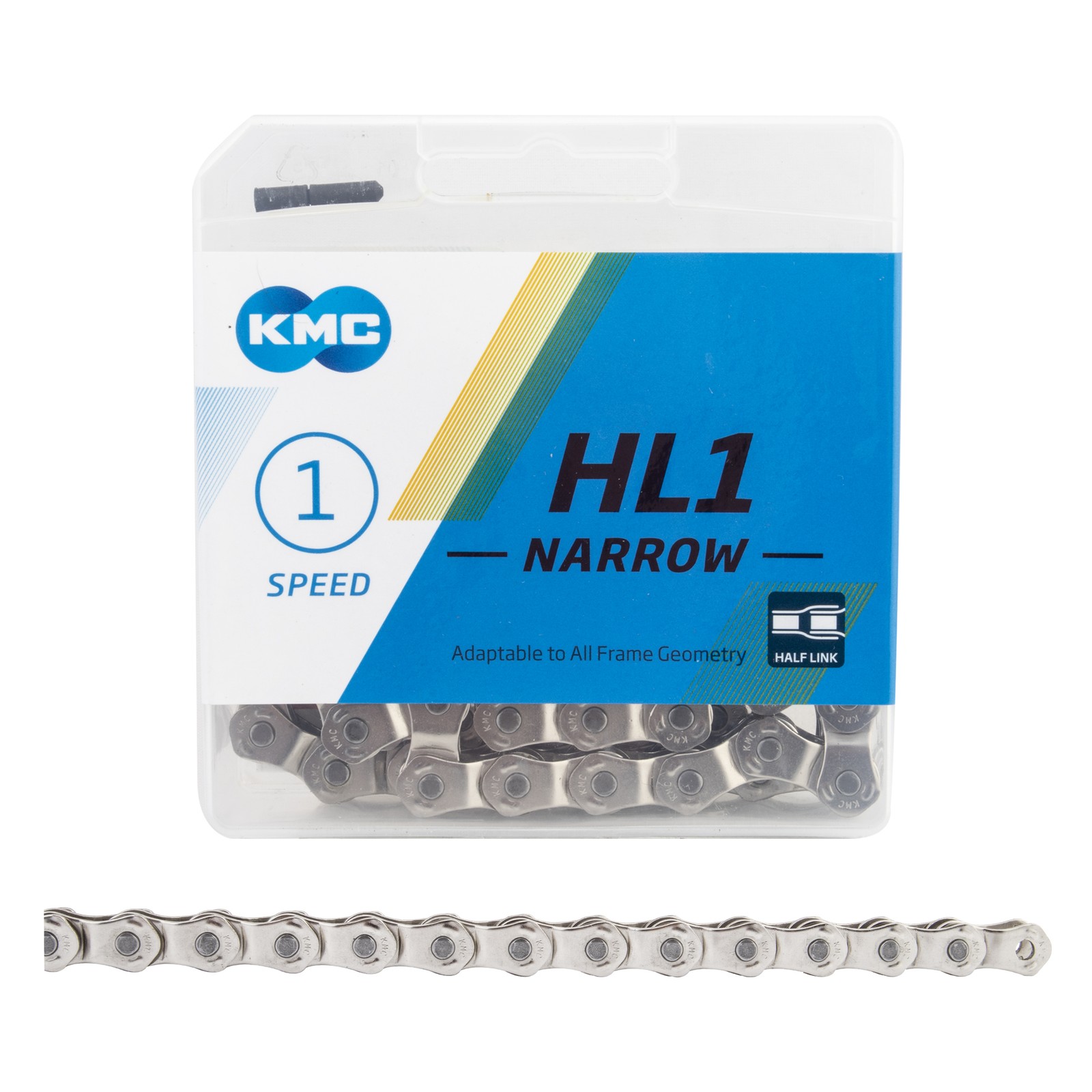 KMC HL1 Narrow Chain – Single Speed 3/32″, 100 Links, Half Link Chain, Silver