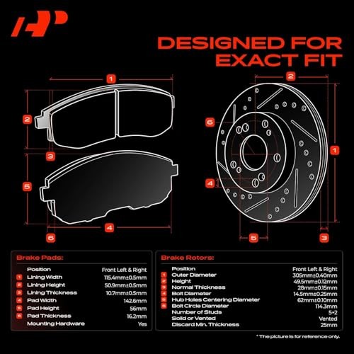 12.01 inch (305mm) Front Drilled and Slotted Disc Brake Rotors + Ceramic Pads