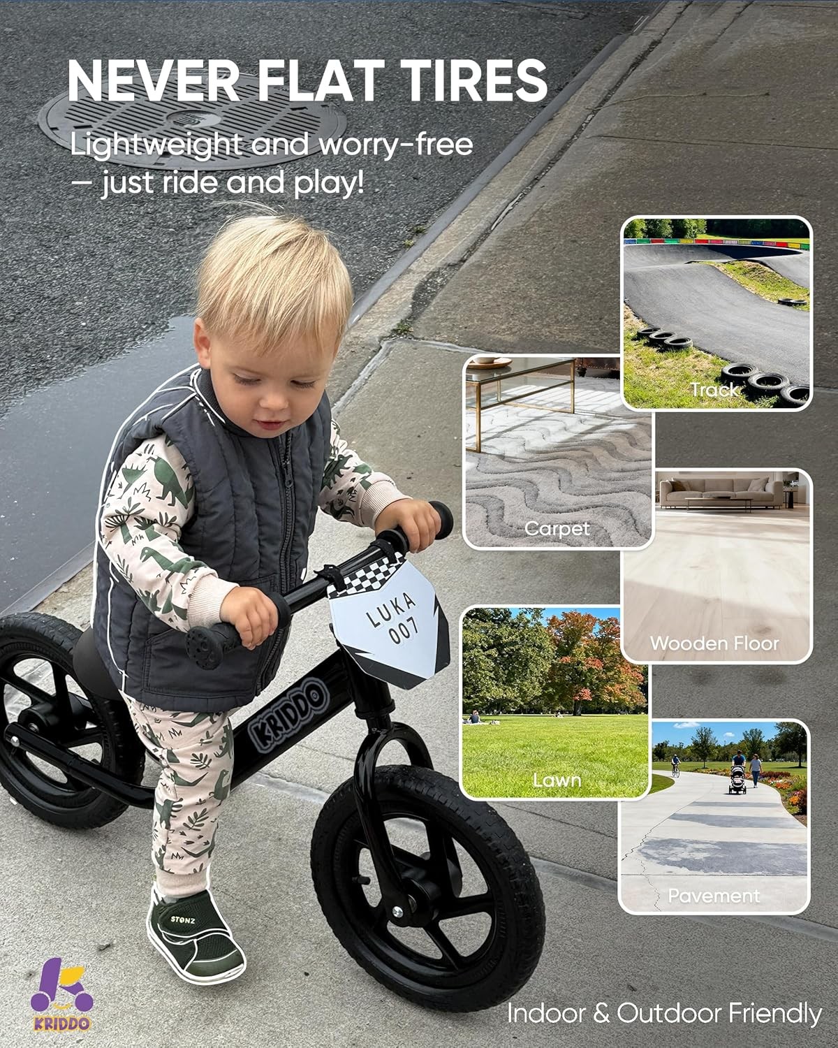 KRIDDO Toddler Balance Bike 2 Year Old, Age 24 Months to 5 Years Matte Black