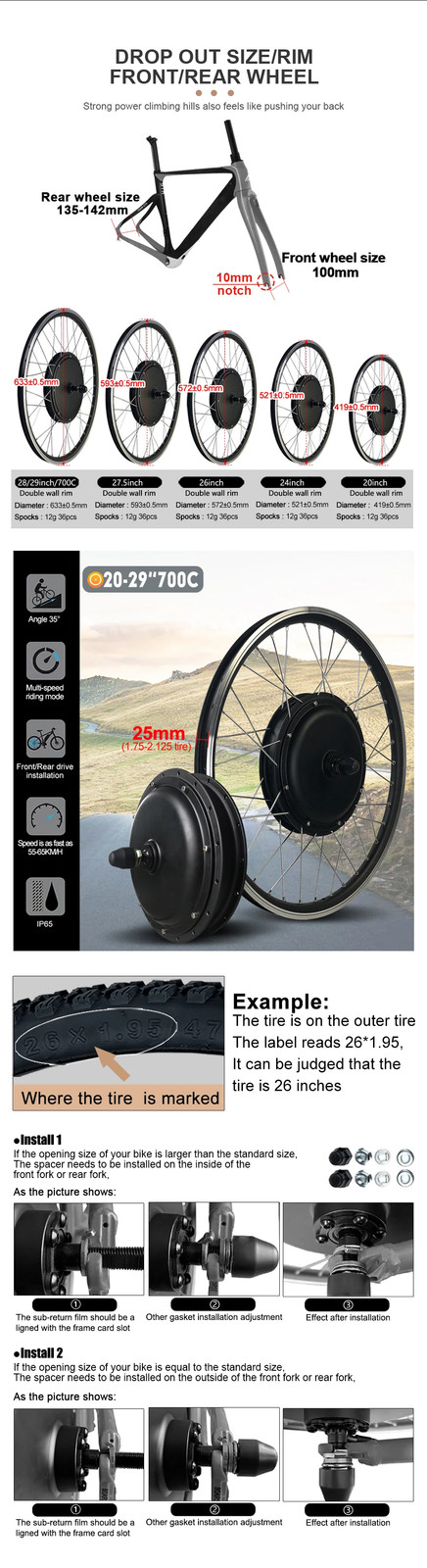 52V 2000W Bicycle Ebike Conversion Kit 20-29″ 700C Rear Rotate Hub Motor Wheel