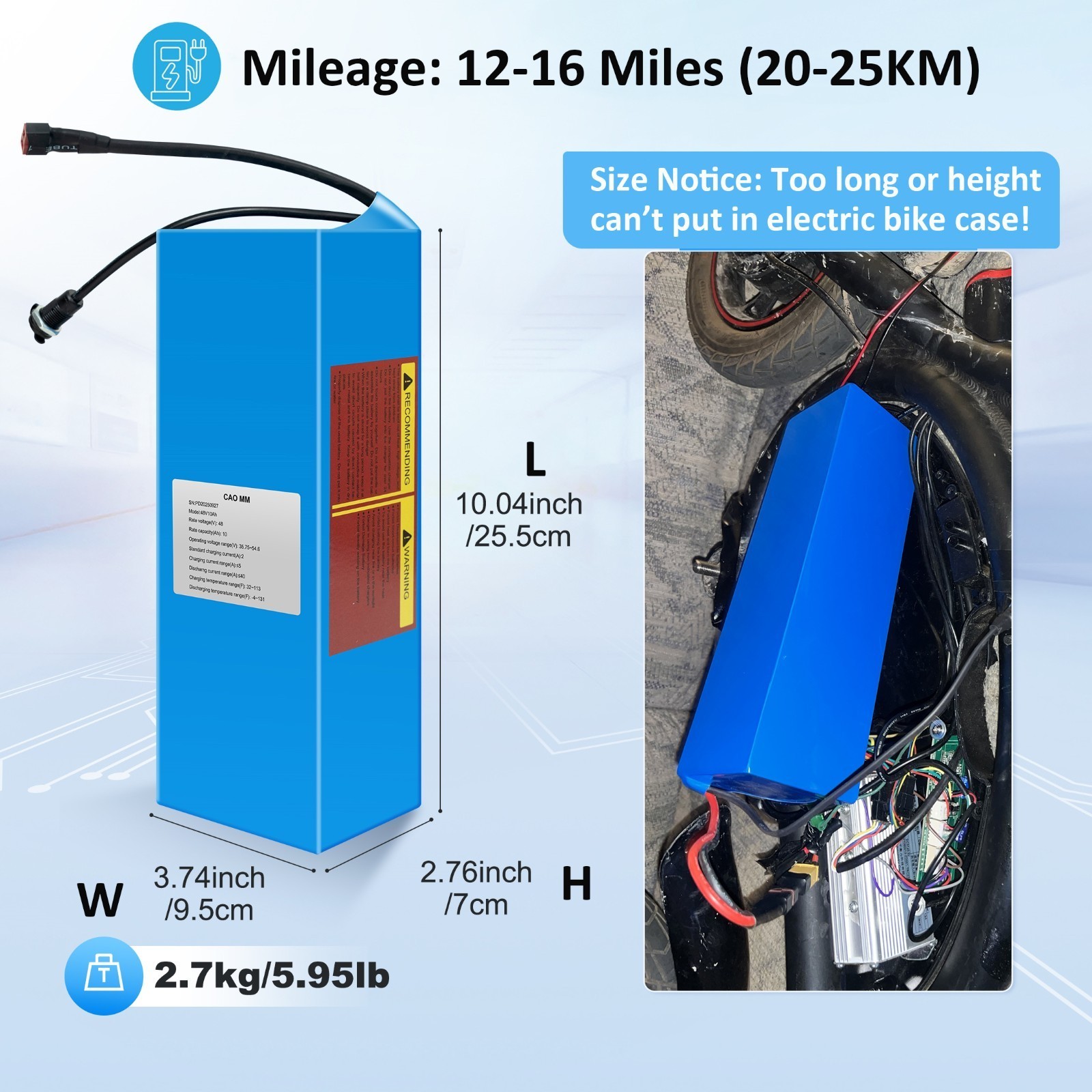 48V 10AH Ebike Lithium Battery for Electric Bicycle 100W-1000W Motor W/ 30A BMS