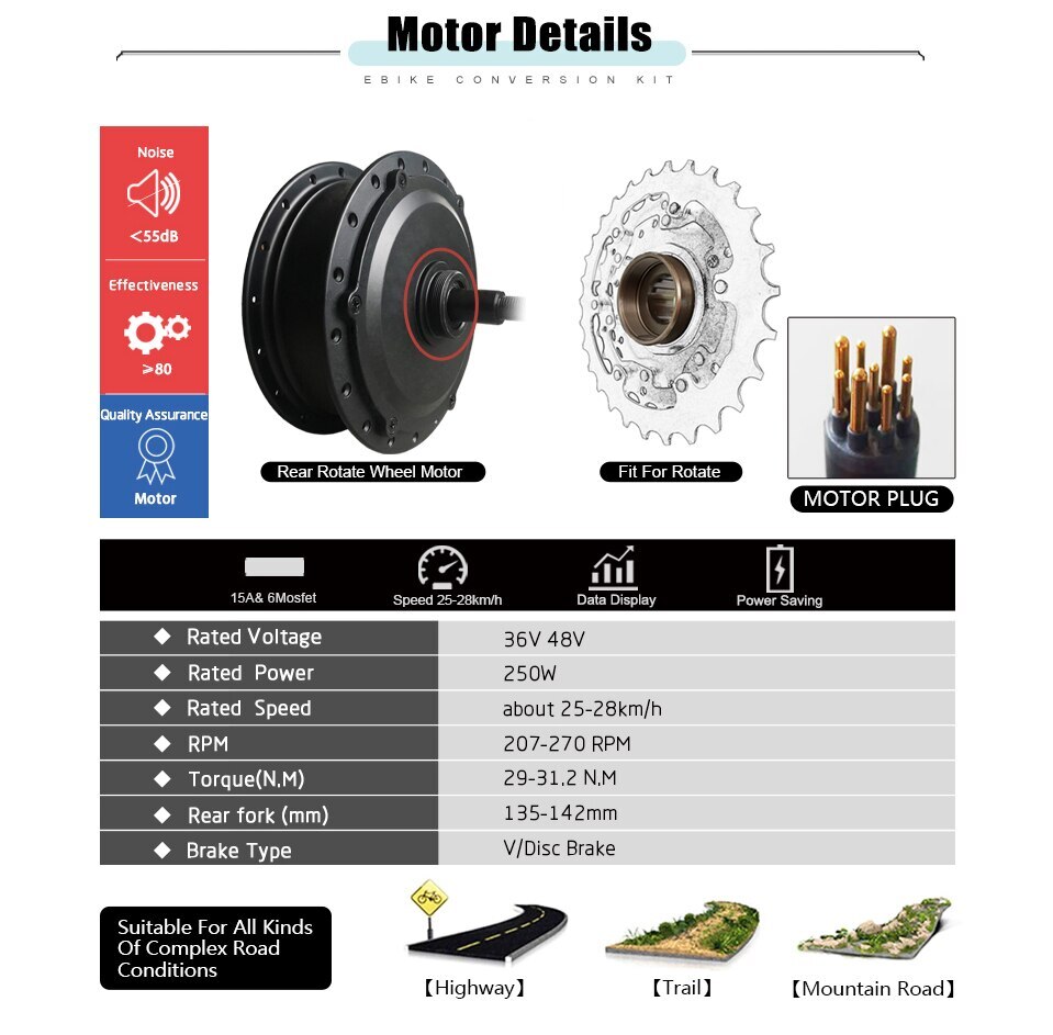 Electric Bike Conversion Kit Rear Rotate Hub Motor 36V/48V 250W Waterproof Plug