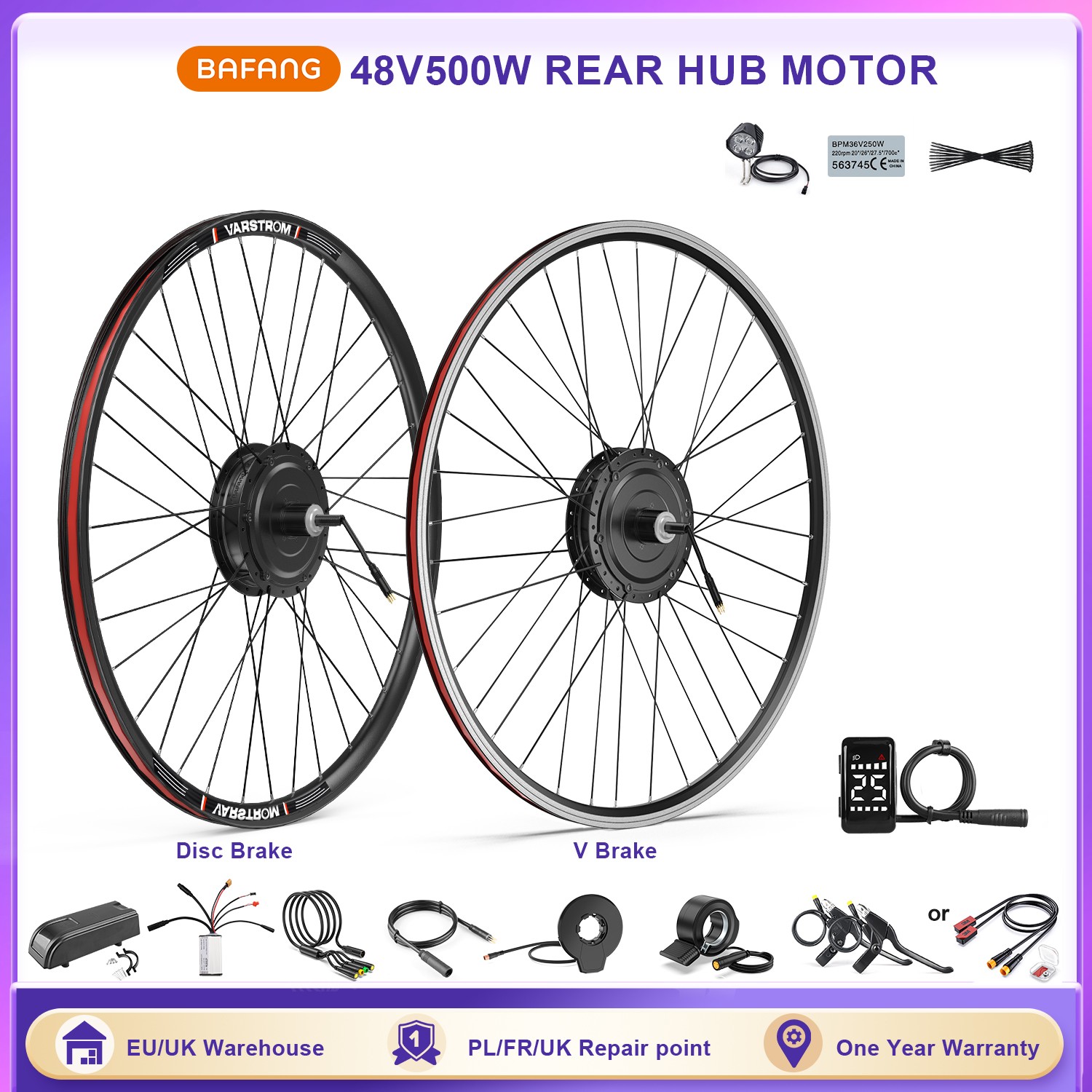 Bafang Rear Hub Wheel Motor 26″ 27.5″ 700C 48V 500W Electric Bike V-Brake Drive