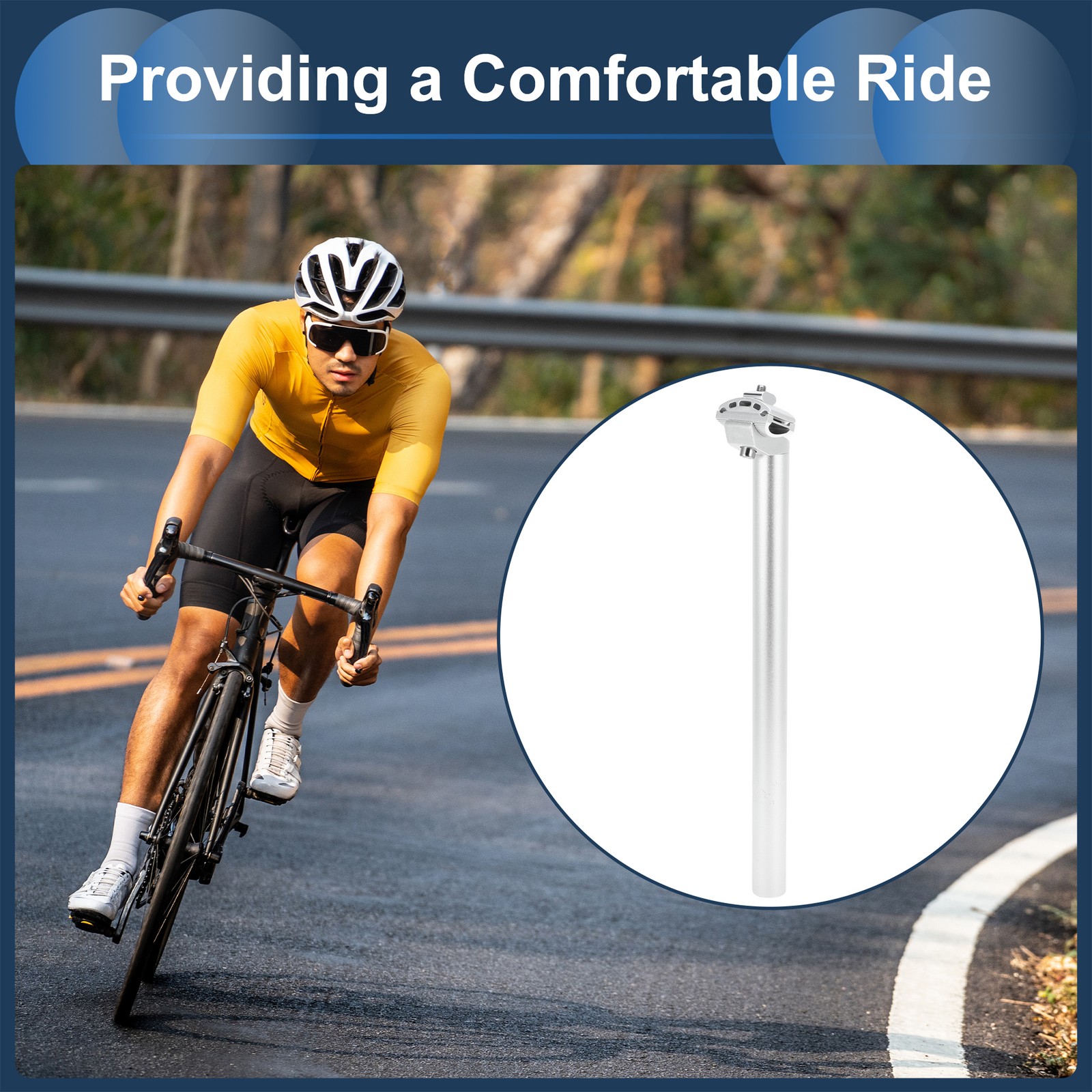 Bike Seat Post 28.6x400mm Adjustable with Fixing Clip Silver Tone Aluminum Alloy