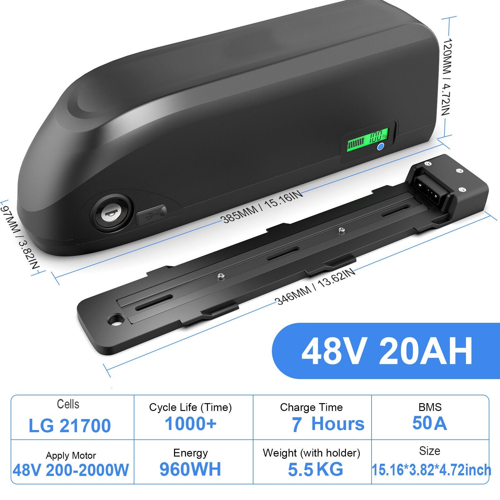 48V 20Ah LG Cells Ebike Li-ion Battery for 250W 750W-2000W Electric Bike Motor