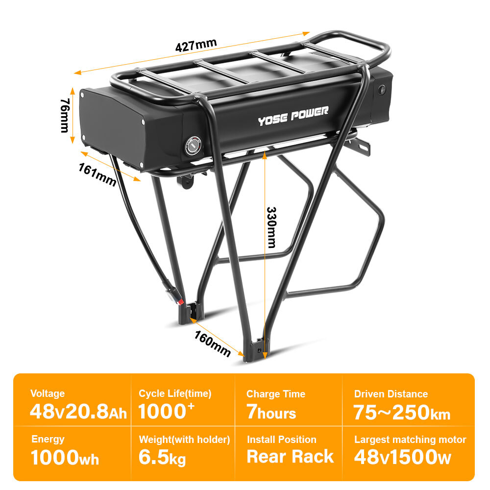 48V 20.8Ah Lithium Ebike Battery 1500W Rear Rack Electric Bike Battery Black