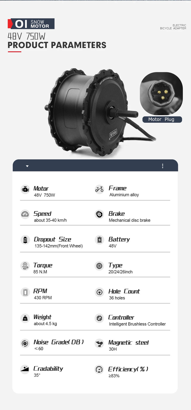 Snow Electric Fat Bike 48V 750W Brushless Gear Front Hub Motor Wheel 20 24 26in