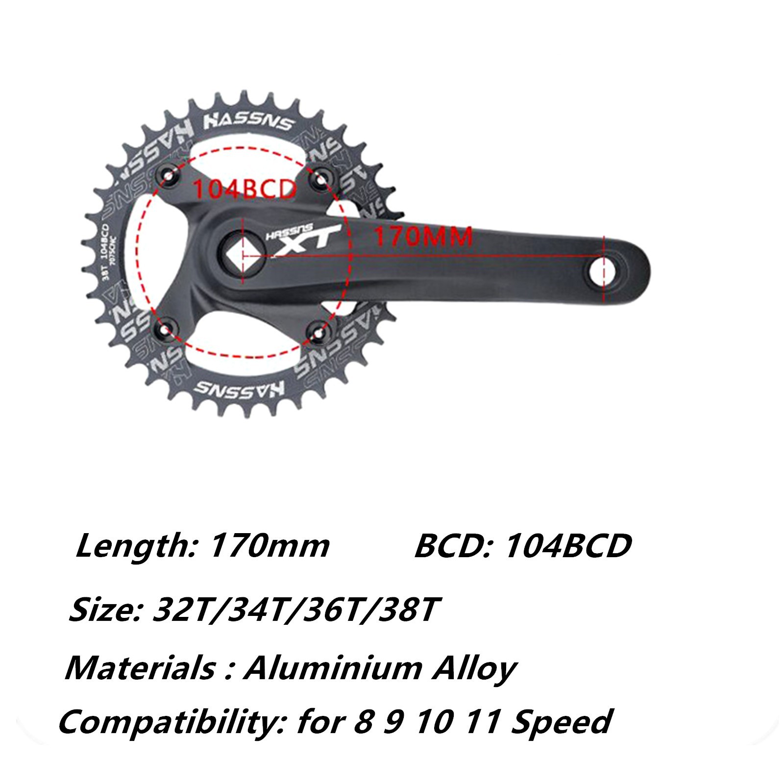 MTB Bike Crank Set 170MM 32-38T with 104BCD Round Narrow Wide Single Chainring